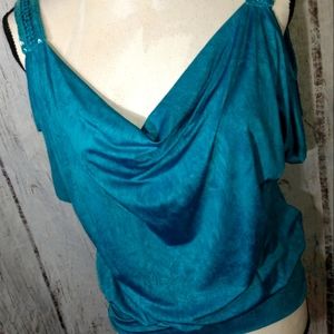BCX COLD SHOULDER women's teal sparkle trim top M